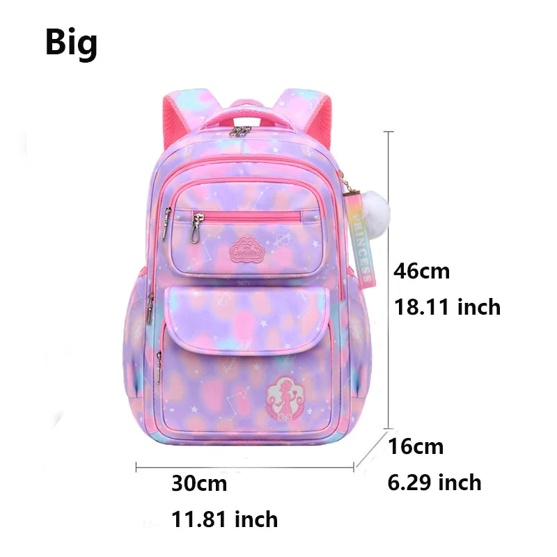 Multicolored backpack with measurements.