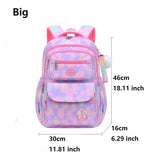 Multicolored backpack with measurements.