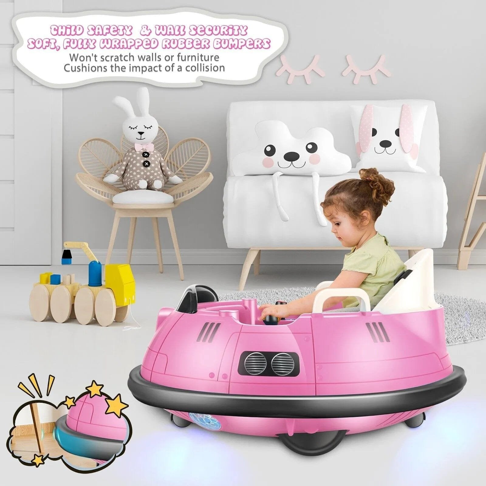Child enjoying the pink Kids Ride-On Bumper Car for indoor playroom entertainment.