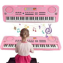 Pink kids electronic keyboard with a child seated at it, a fun music toy for creative play and learning.