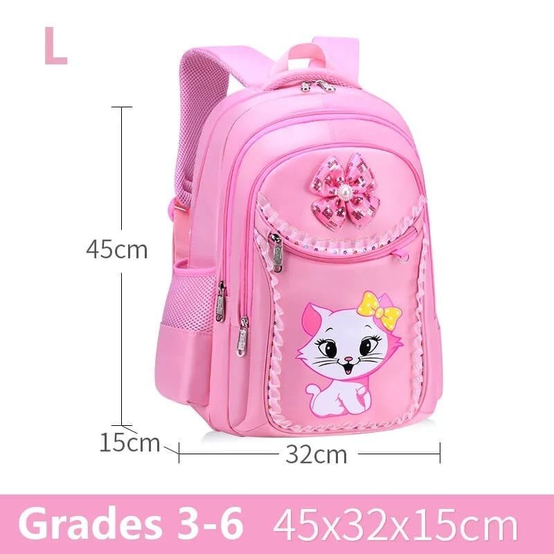 Measurements for the pink kids school backpack set with cat design to check size before the school term.