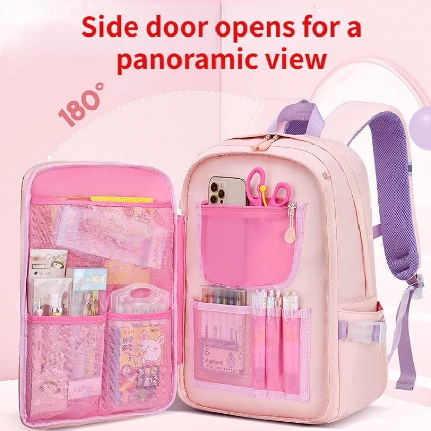 Waterproof Children's Backpack in pink with side opening compartments for organised school books and snacks.