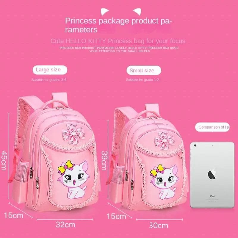 Pink kitty print girls backpack and pencil case with product parameters for choosing the right school set.