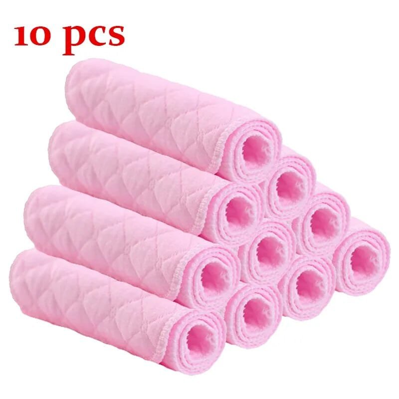 Pink microfiber baby cloth diaper liners in a 10-piece set for absorbent nappy changes and washable diaper routines.