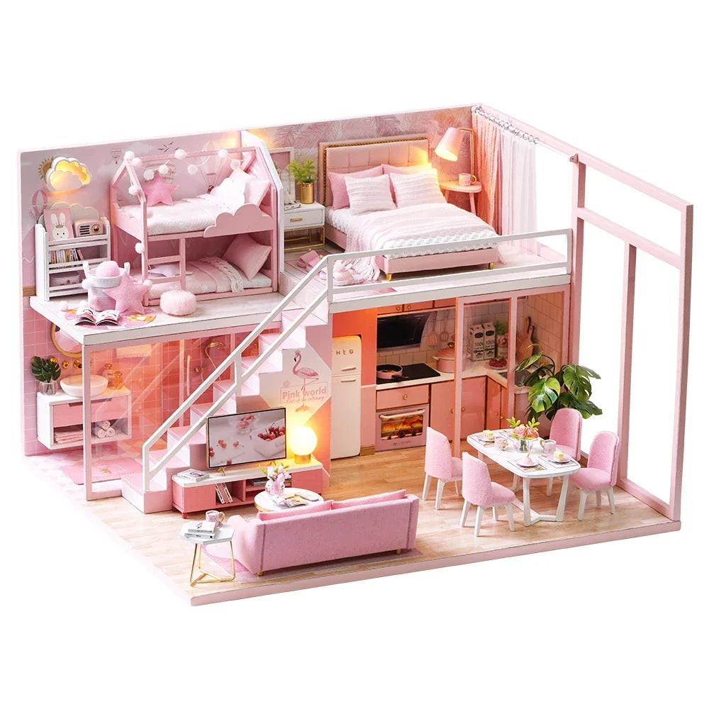 Pink wooden mini dollhouse craft kit with furniture and decor for creative DIY hobby projects.