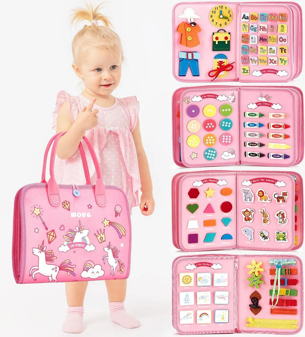 Pink Travel Busy Board quiet book with activity cards for toddler learning, aeroplane trips, and rainy day play.