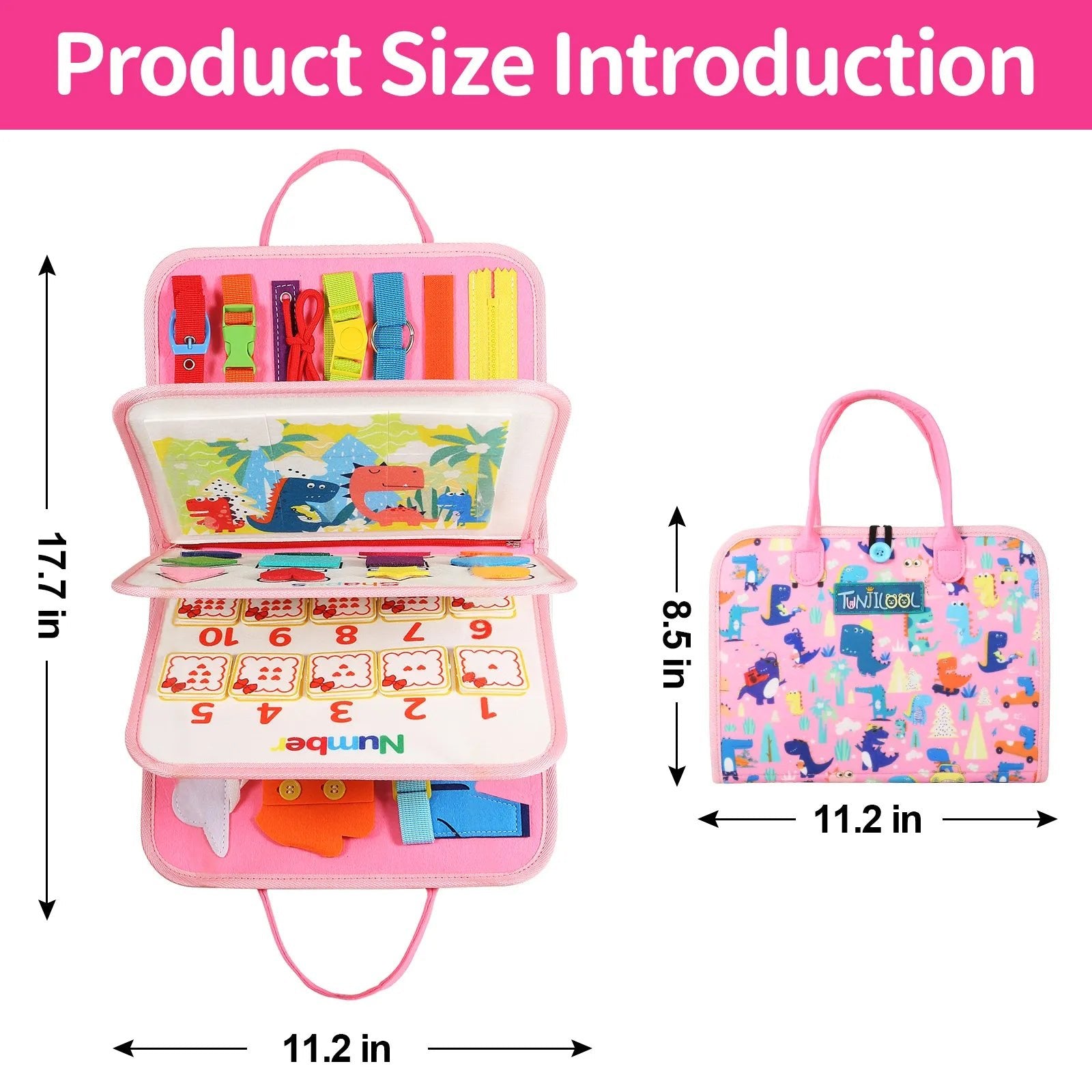 Pink Montessori Busy Board learning toy set shown with measurements for toddler travel bag sizing.