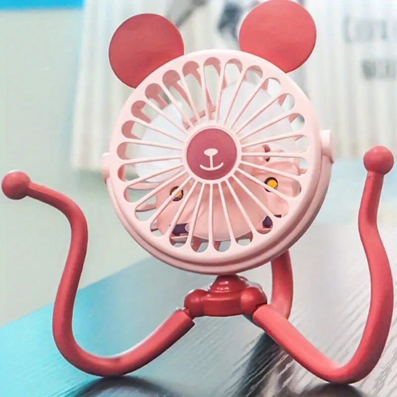Pink octopus stroller fan with bendable tripod legs for keeping babies cool in prams, cots, and car seats.