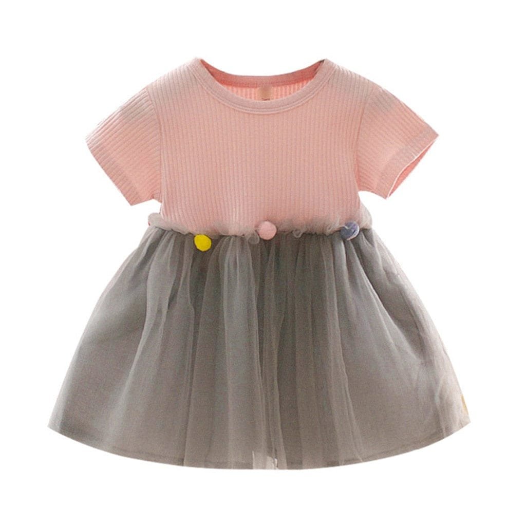 Pink patchwork tulle toddler dress front view for everyday wear, playgroups, and special occasion dressing.