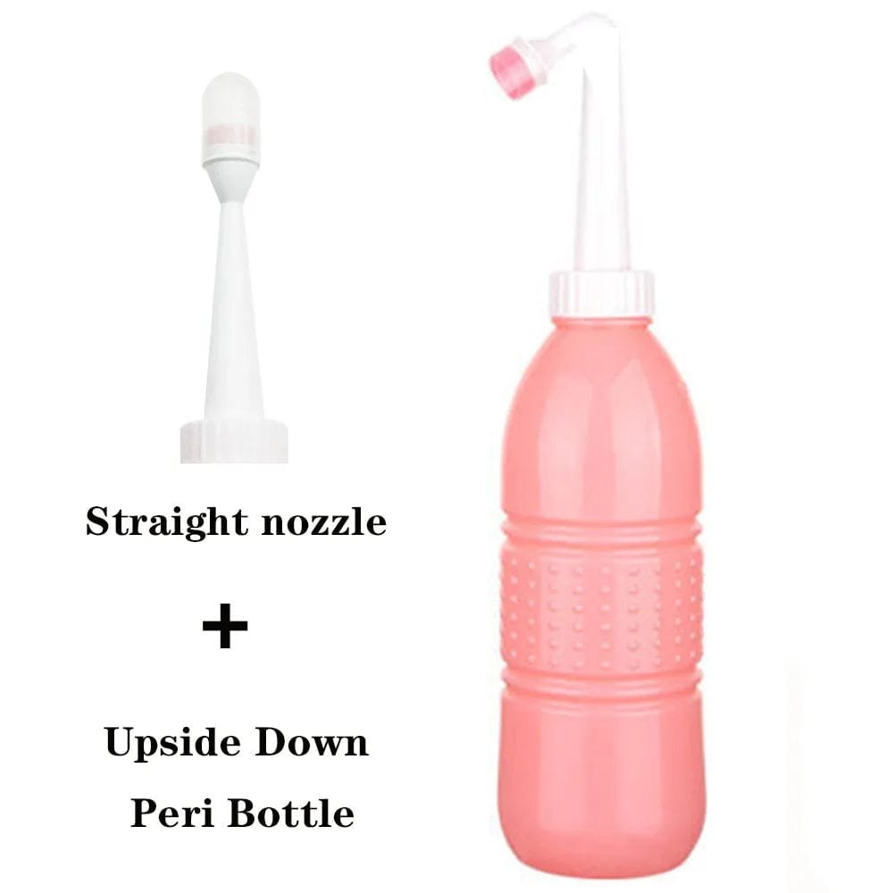 Pink peri bottle with inverted spray pump for postpartum washing without awkward bending or reaching.