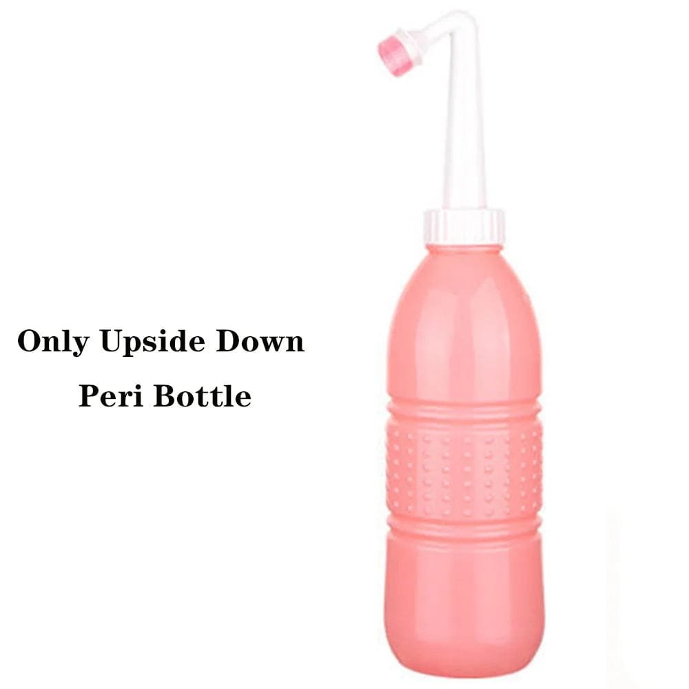 Pink peri bottle with nozzle for postpartum perineal hygiene at home during the first weeks after birth.