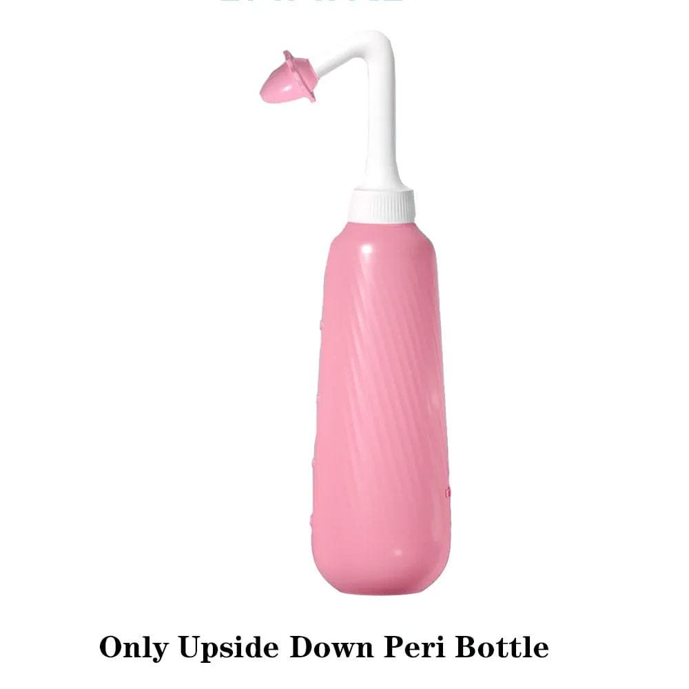 Pink peri bottle with white pump head for controlled perineal rinsing during postpartum healing.