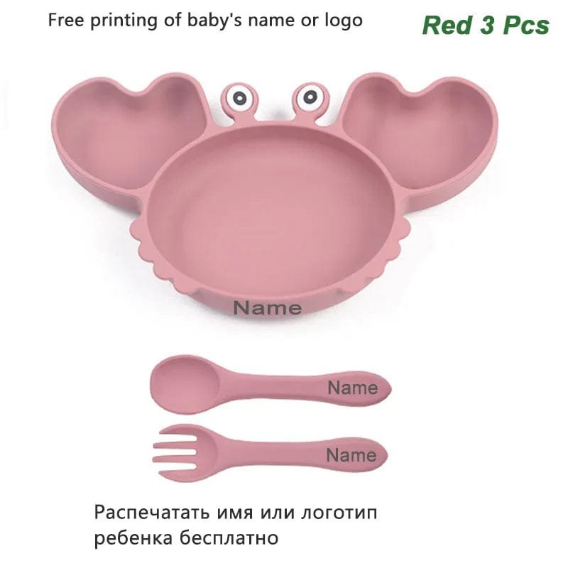 Personalized Baby Crab Plate Set in pink with customizable name for toddler mealtime gifting.