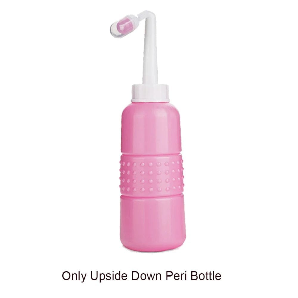Pink pump peri bottle for postpartum cleansing, delivering a steady stream for comfortable perineal care.