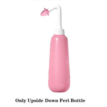 Pink pump peri bottle for postpartum perineal care, a compact hospital bag essential for new mothers.
