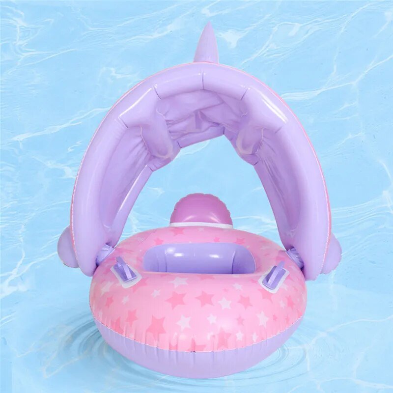 Pink and Purple Baby Pool Float swim ring with sun canopy for toddler water play and pool outings.
