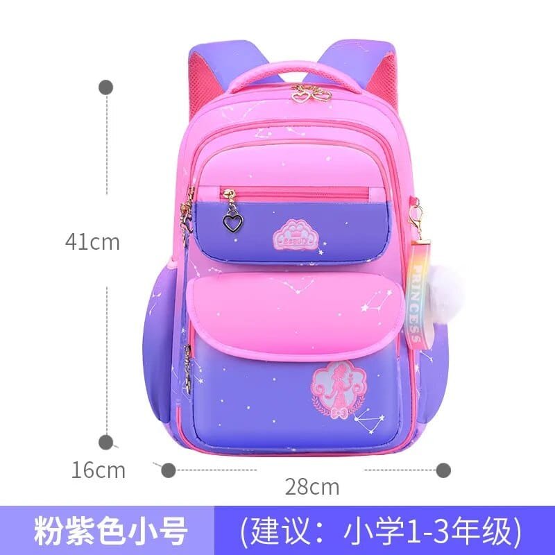 Pink and purple gradient orthopedic school bag with dimensions to help choose the right fit for growing pupils.