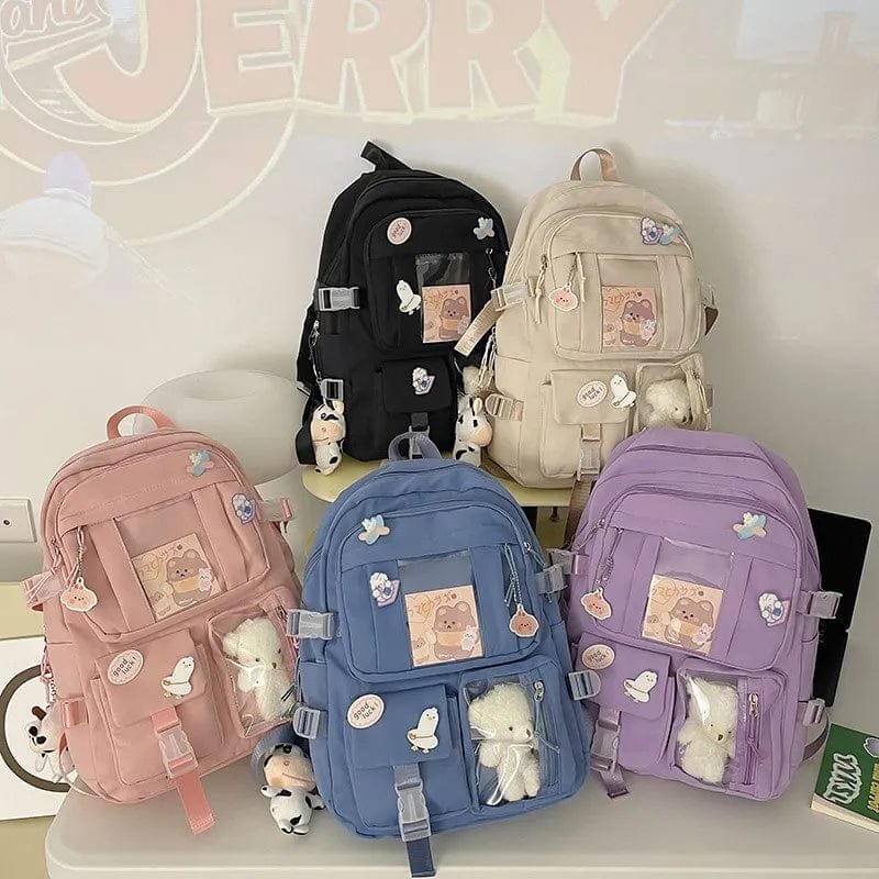 Pink and purple high school backpack for girls shown in four colour options for daily classes and campus use.