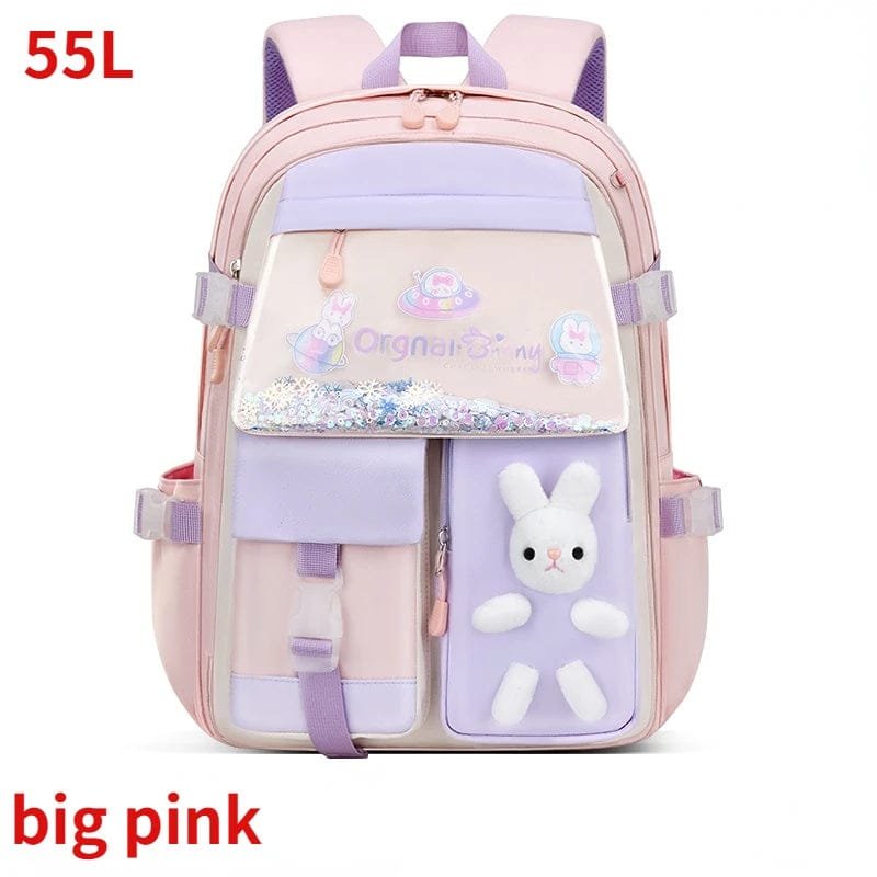 Waterproof Children's Backpack in pink and purple with side pockets for water bottles and everyday school kit.