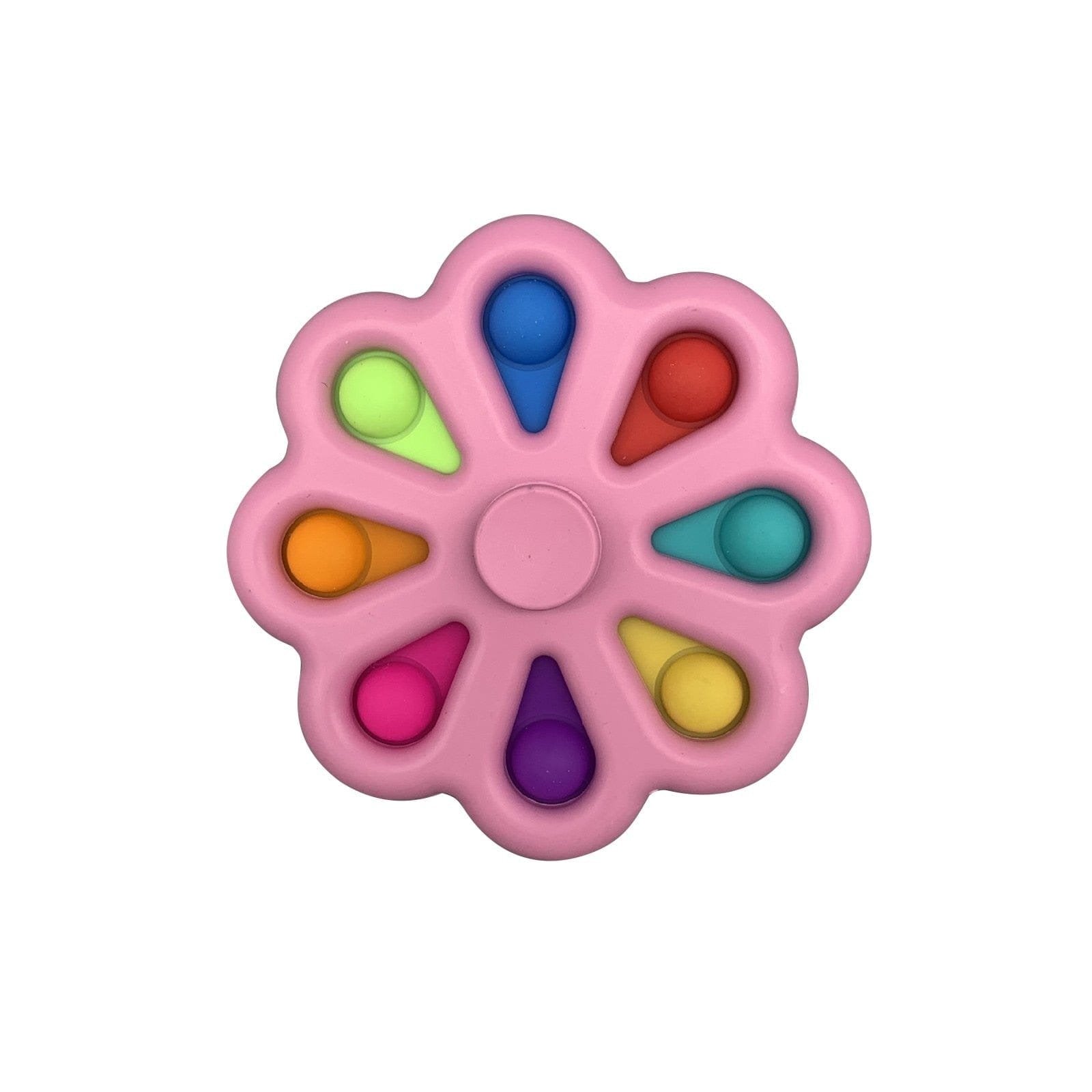 Pink push pop fidget spinner with beads for calming hand movement and stress relief.