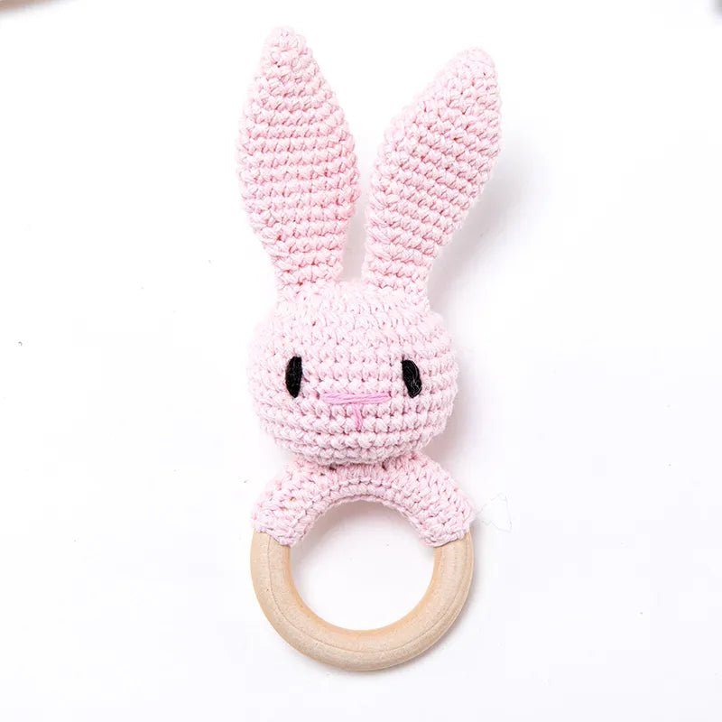 Pink Rabbit Crochet Wooden Teether rattle variant for soothing sore gums and settling babies before naps.