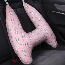 U-Shape Kids Travel Pillow in pink rabbit print for cosy neck support during car naps and family day trips.