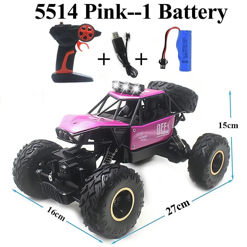 Pink RC crawler bubble car kit with charger and remote, a fun gift idea for young remote control fans.