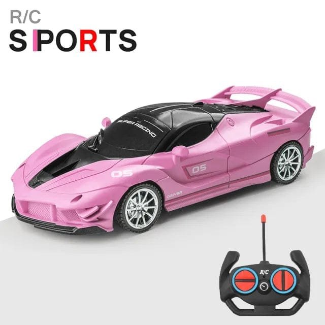 Pink RC sports car with remote and LED lights for drift racing and kids outdoor play.