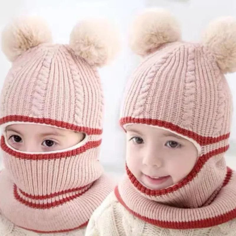Warm Acrylic Baby Hat and Scarf Set in pink with red stripes for playful winter dressing and warm little ears.