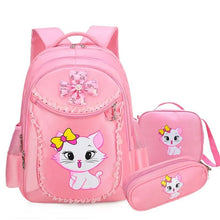Pink School Backpack Set for Girls with pencil case and lunch bag in a cat design for daily primary school use.