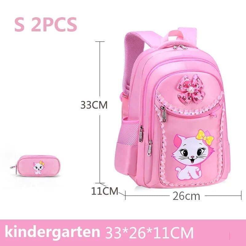 Pink school bag set with accessories laid flat and dimensions shown for everyday classroom carrying.
