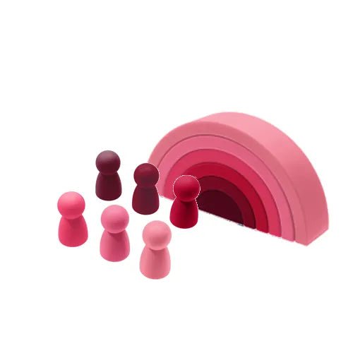 Pink Silicone Rainbow Blocks with peg people for hands-on sensory play, imaginative games, and toddler gifting.
