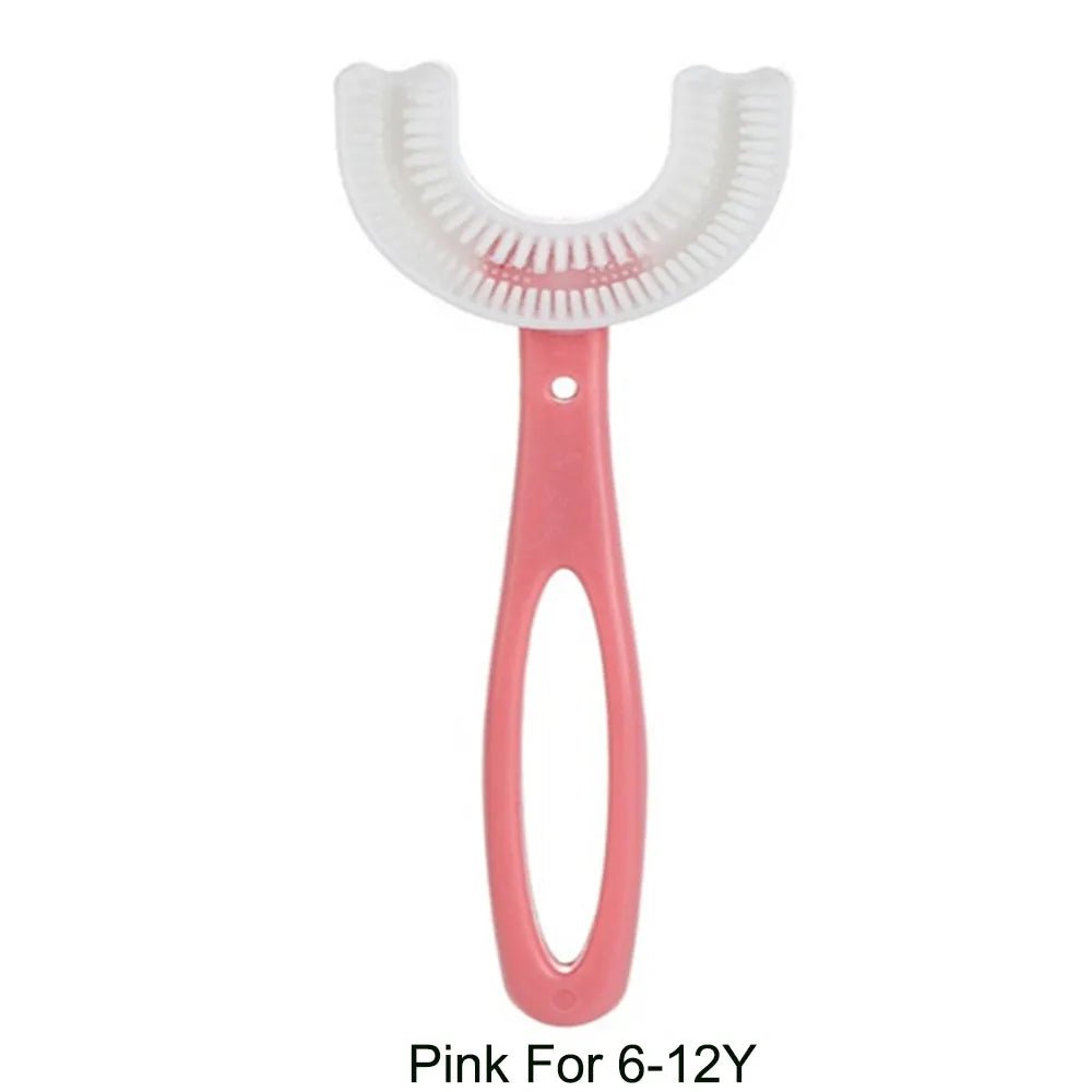 Pink U-Shaped Childrens Toothbrush in 6-12T size for older kids morning and night brushing.