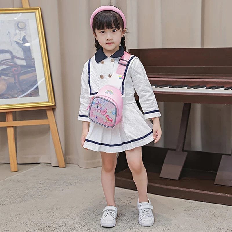 Pink Unicorn Backpack styled on a young girl as a kawaii kindergarten schoolbag for school runs and playdates.