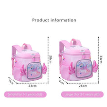 Pink Unicorn Backpack size guide showing schoolbag dimensions and age ranges for choosing the right fit for preschoolers.