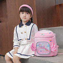 Pink Unicorn Backpack worn by a child as a kawaii schoolbag for kindergarten mornings, day care, and family outings.