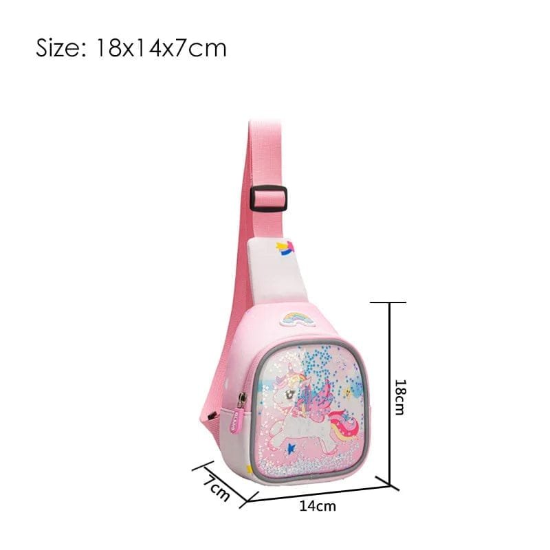 Pink Unicorn Backpack kawaii kids schoolbag with side measurements for packing snacks, water bottles, and toys.