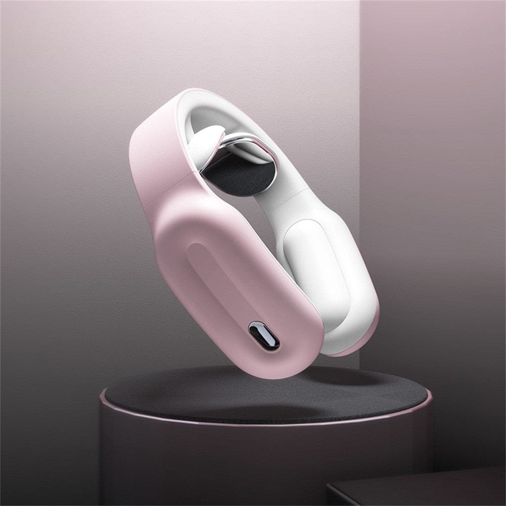 Pink and white electric neck massager on display for choosing a compact device for daily muscle relief.
