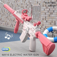 Pink and white M416 electric water gun at the poolside for summer holiday play and splash parties.