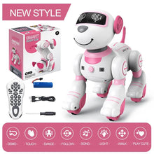 Robot dog stunt performer RC toy in pink and white with remote control for children.