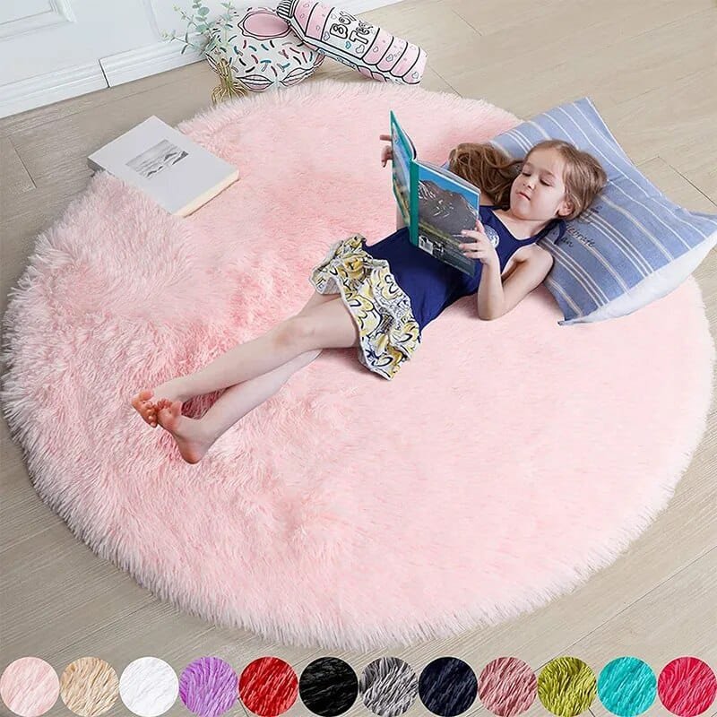 Child reading a book on a fluffy pink rug with color swatches at the bottom.