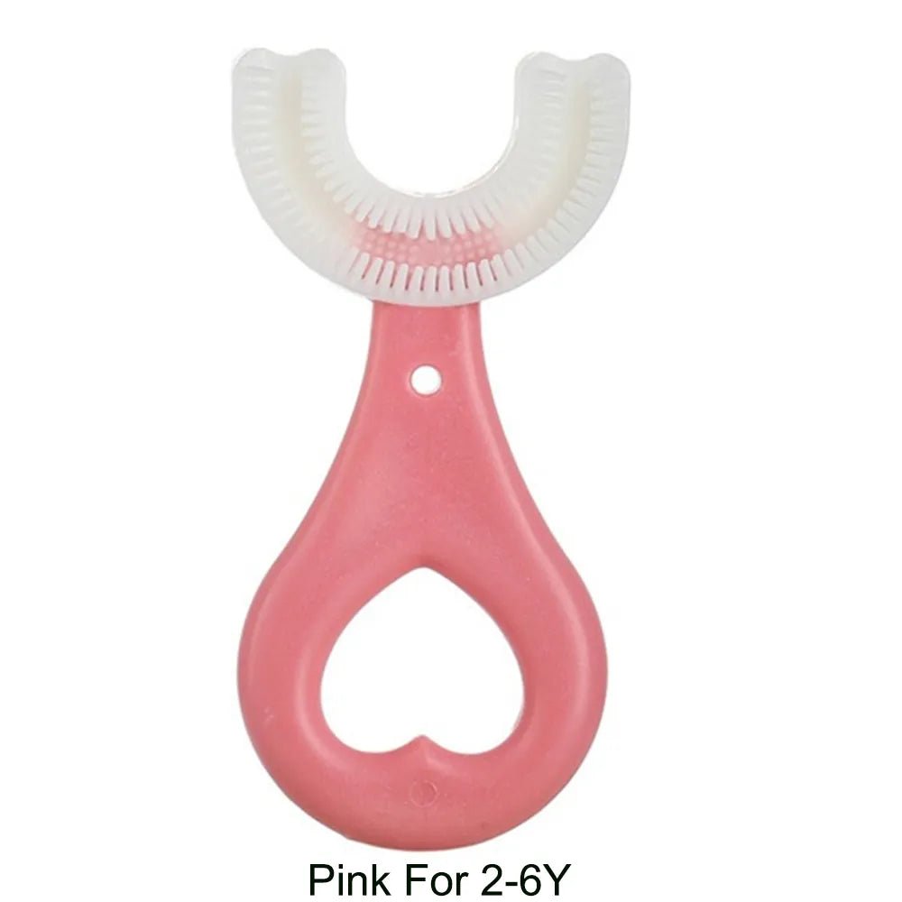 Pink and white silicone U-Shaped Teeth Cleaner sized for children starting their own brushing routine.