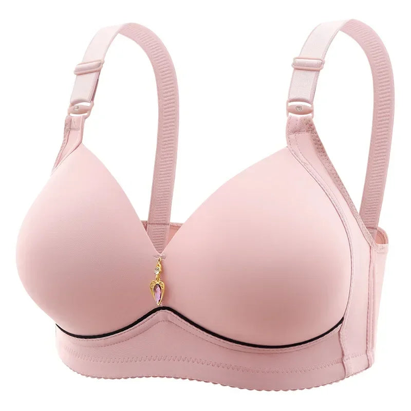 Pink wirefree breathable glossy bra shown in a second gold clasp view for full-figure comfort shopping.