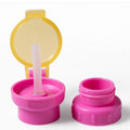 Pink and yellow twist cap straw lid for kids drink bottles, keeping juice contained during car rides and outings.