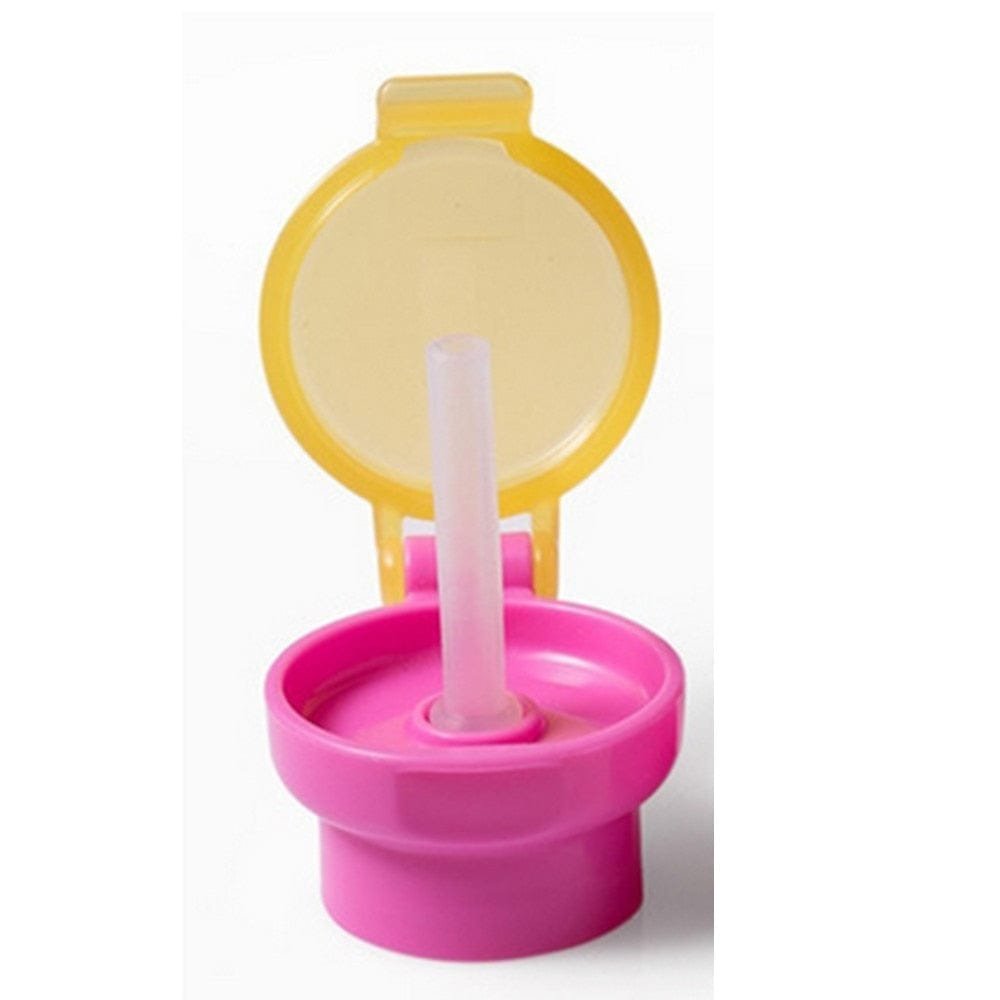 Pink and yellow spill proof bottle cap with straw, converting standard bottles into toddler travel cups.