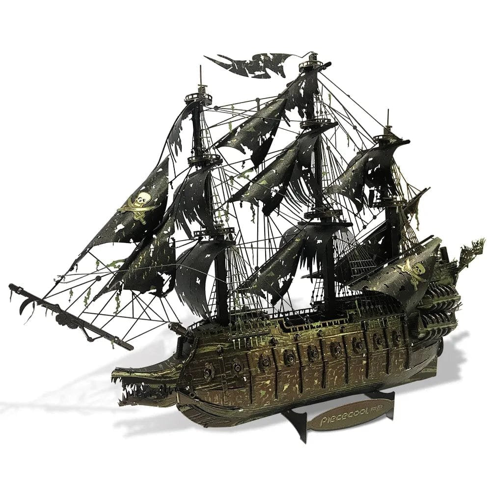 Detailed sails and hull of the 3D metal pirate ship puzzle, a finished model for shelf and desk display.