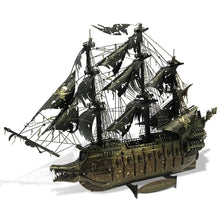 Detailed sails and hull of the 3D metal pirate ship puzzle, a finished model for shelf and desk display.