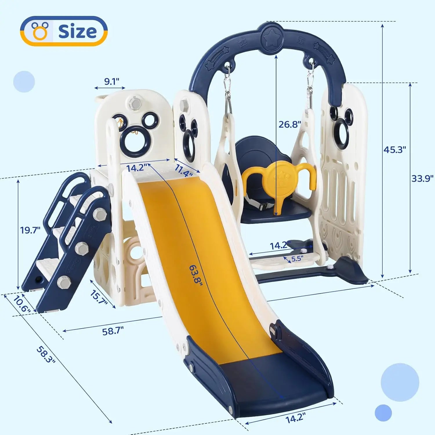 Children's swing set with measurements.