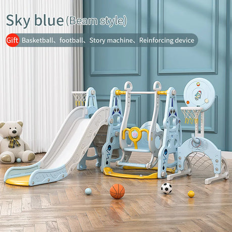 Children's play set with slide and swing in a room with a teddy bear and sports balls.