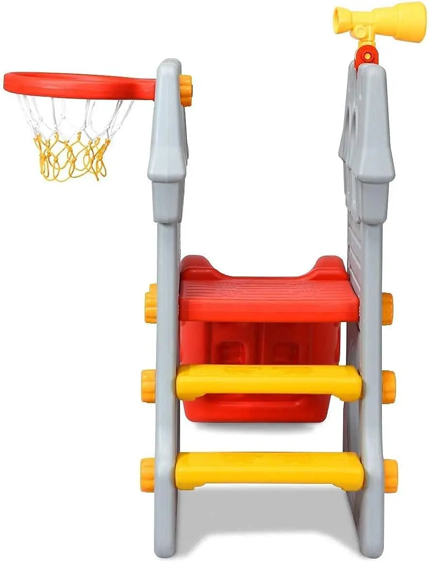 Plastic toddler slide and climber with a basketball hoop for indoor active play and games.